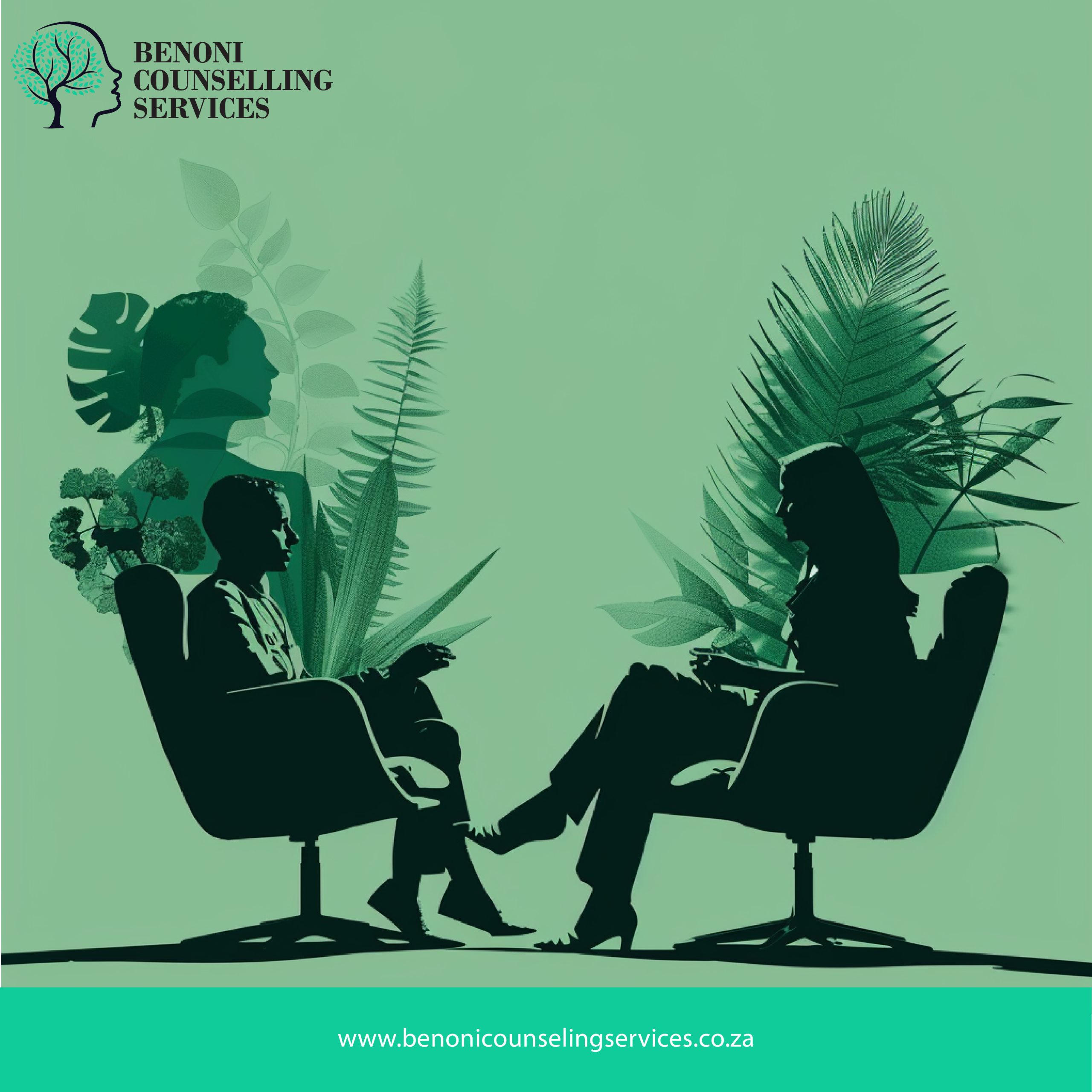 A trauma counseling session at Benoni Counselling Services with a therapist and client seated, overlayed with nature elements.