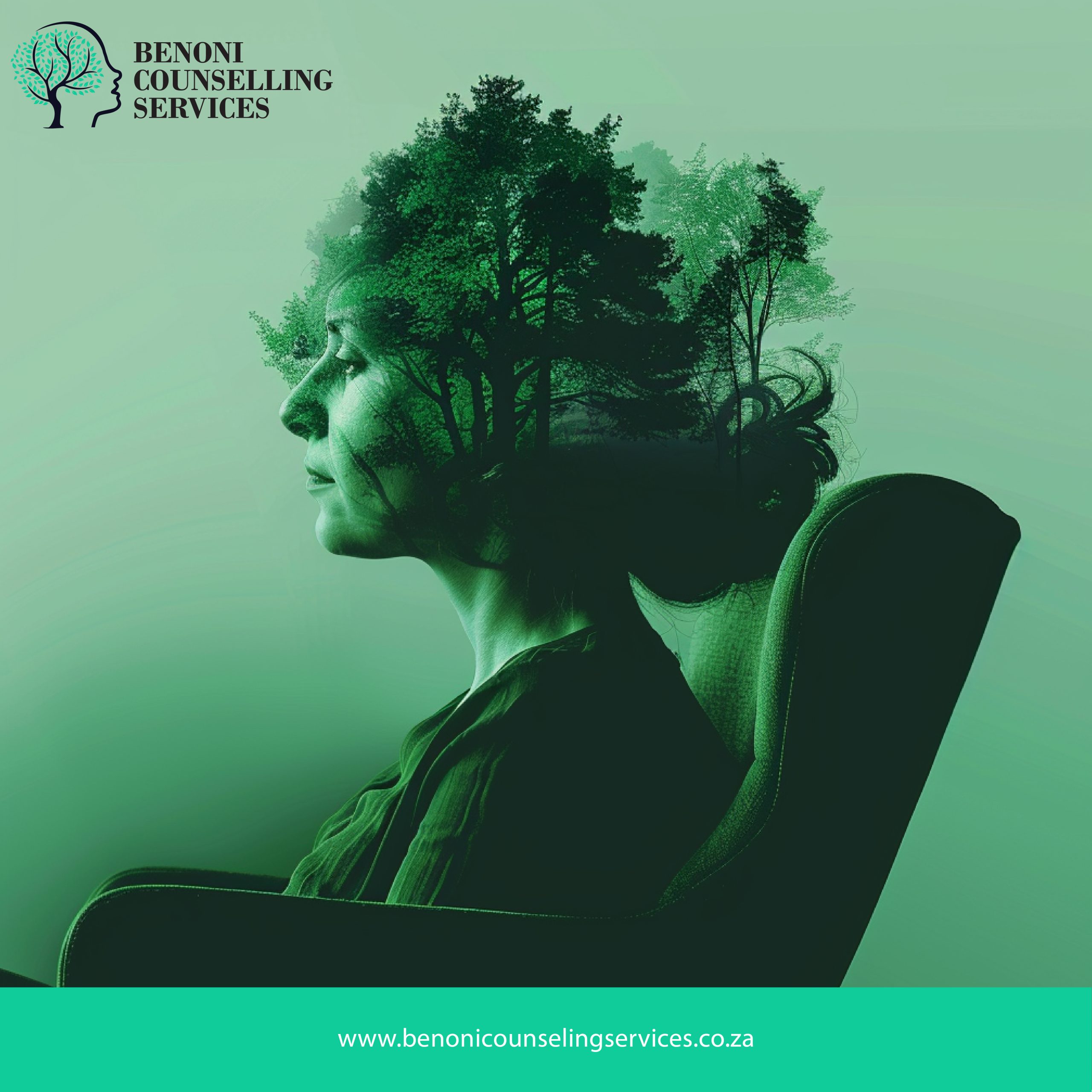 A psychotherapy session at Benoni Counselling Services with a client seated, featuring an overlay of tree imagery.