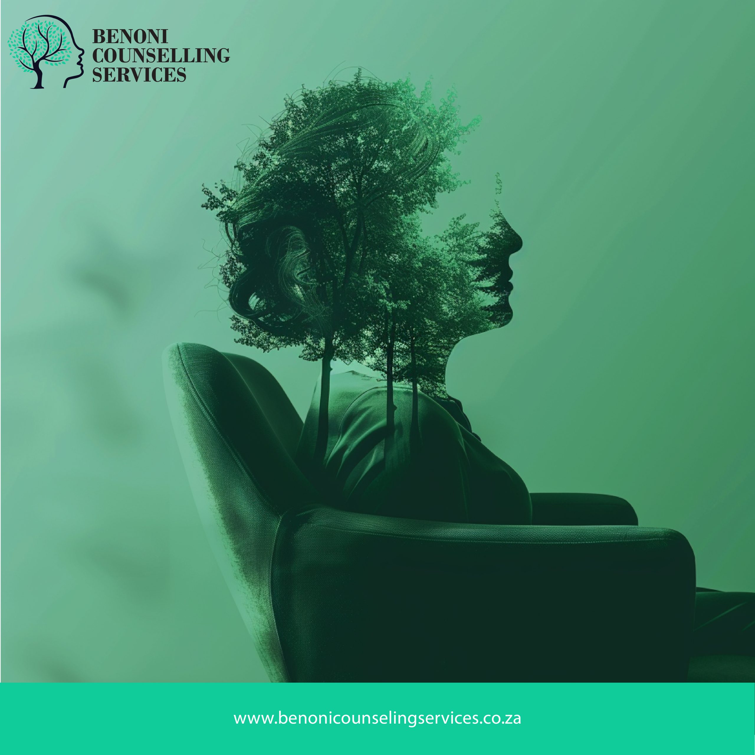 An individual counseling session at Benoni Counselling Services, featuring a person seated with overlaid tree imagery.