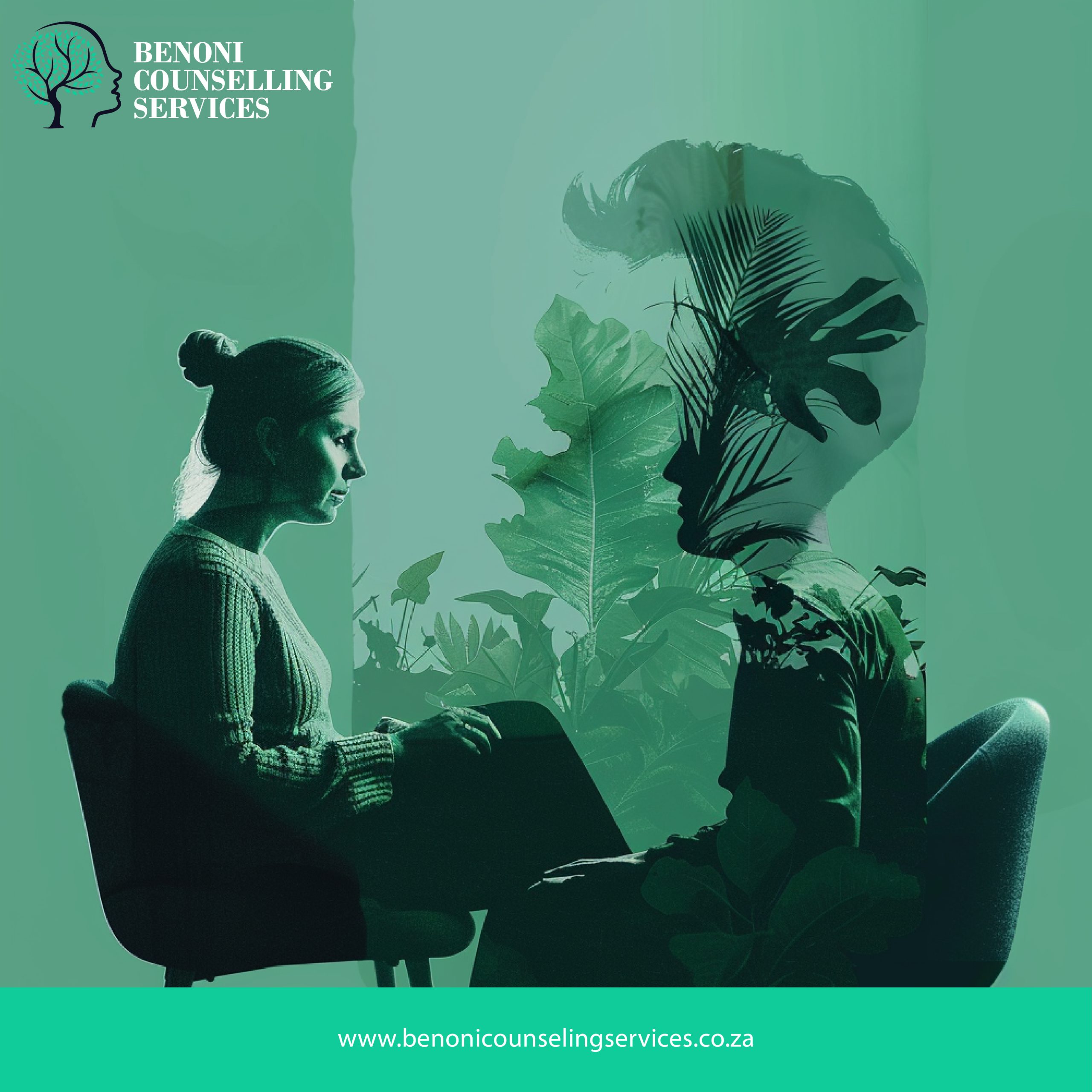 A marriage counseling session at Benoni Counselling Services with a couple seated facing each other overlayed with nature imagery.