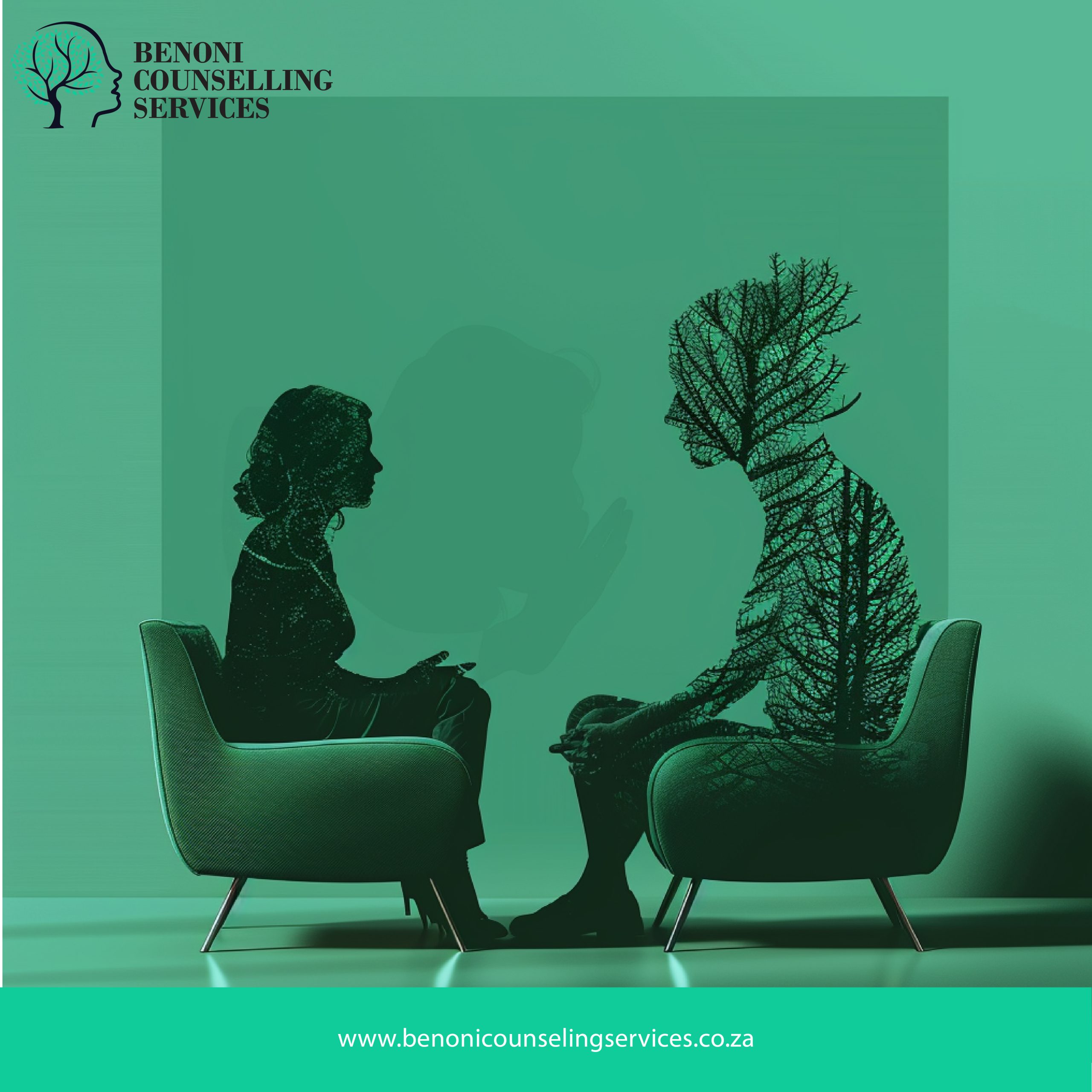 A cognitive behavioral therapy session at Benoni Counselling Services, featuring a therapist and client seated with tree patterns overlaying the client.