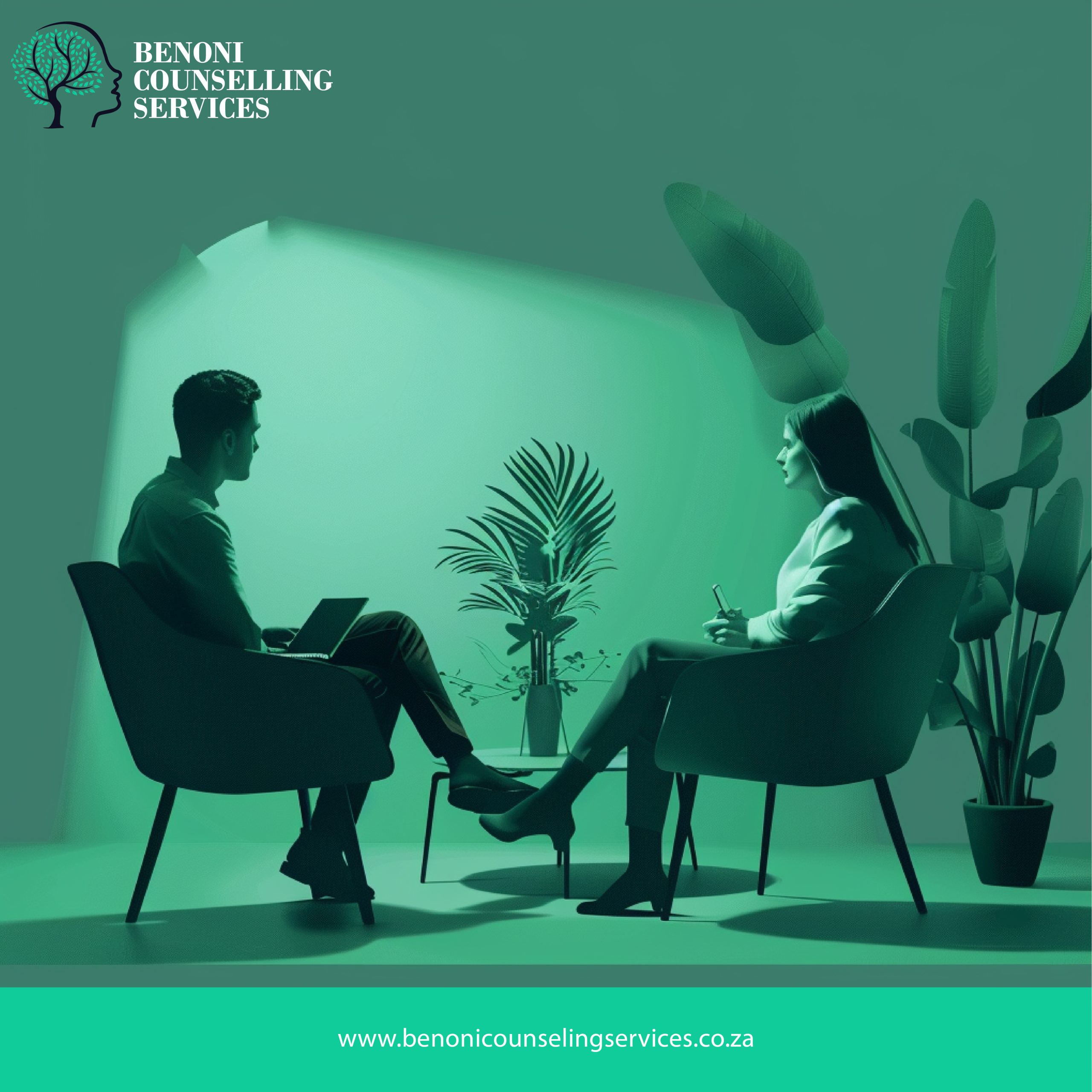 A client and psychologist in a modern counseling session in Benoni, with a calm, green-toned therapy room, emphasizing a serene environment for trauma therapy.