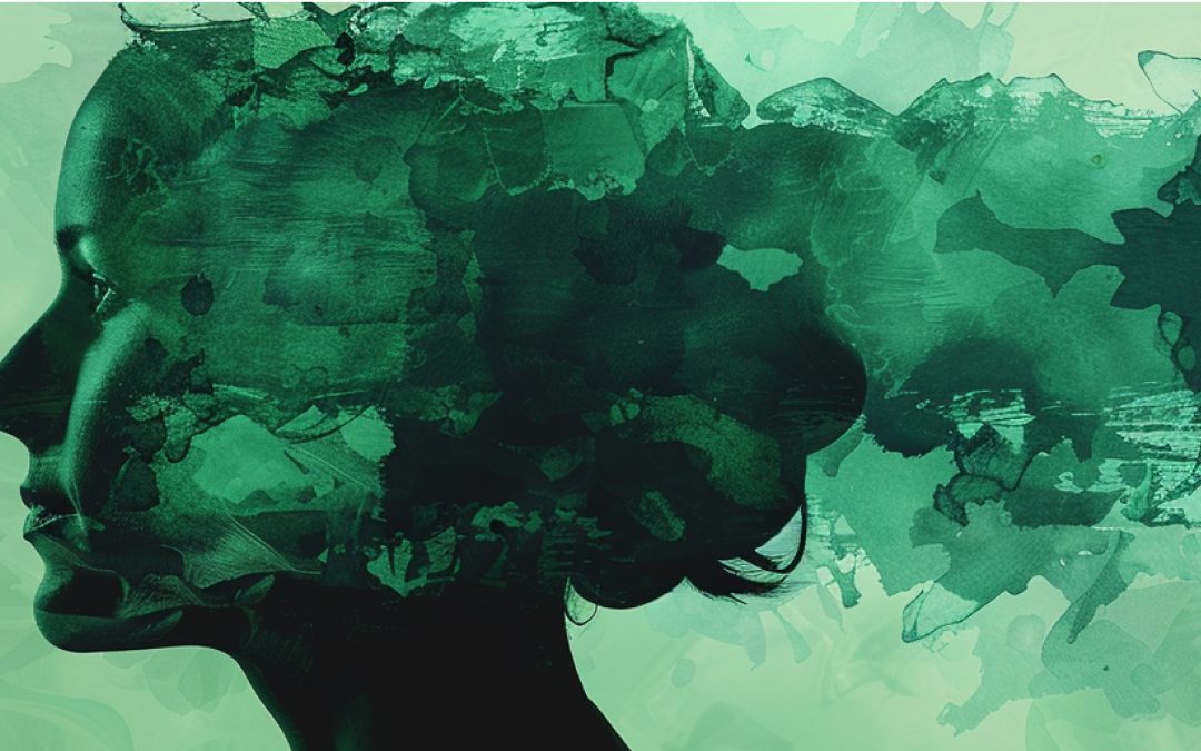 Wide panoramic artistic image of a profile view of a person composed of abstract green watercolor splashes, symbolizing emotional complexity and growth in couples therapy.