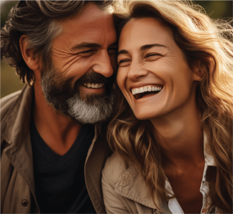 Laughing couple sitting close together outdoors in Benoni, symbolizing the benefits of marriage counseling.