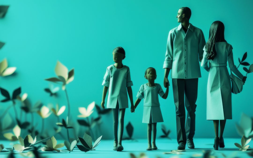 Illustration of a family walking hand-in-hand through a serene environment with flourishing plants, symbolizing the growth and healing potential of family counseling in Benoni.