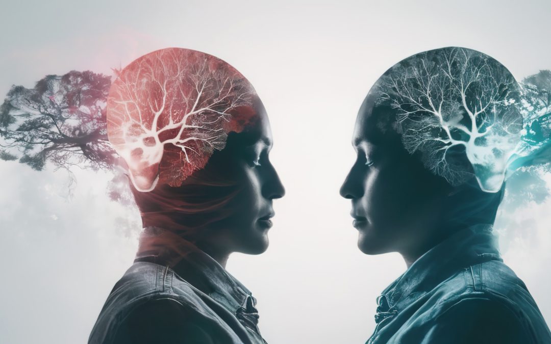 Two individuals in profile facing each other, symbolic brain images with trees, representing mental health and therapy in Benoni.