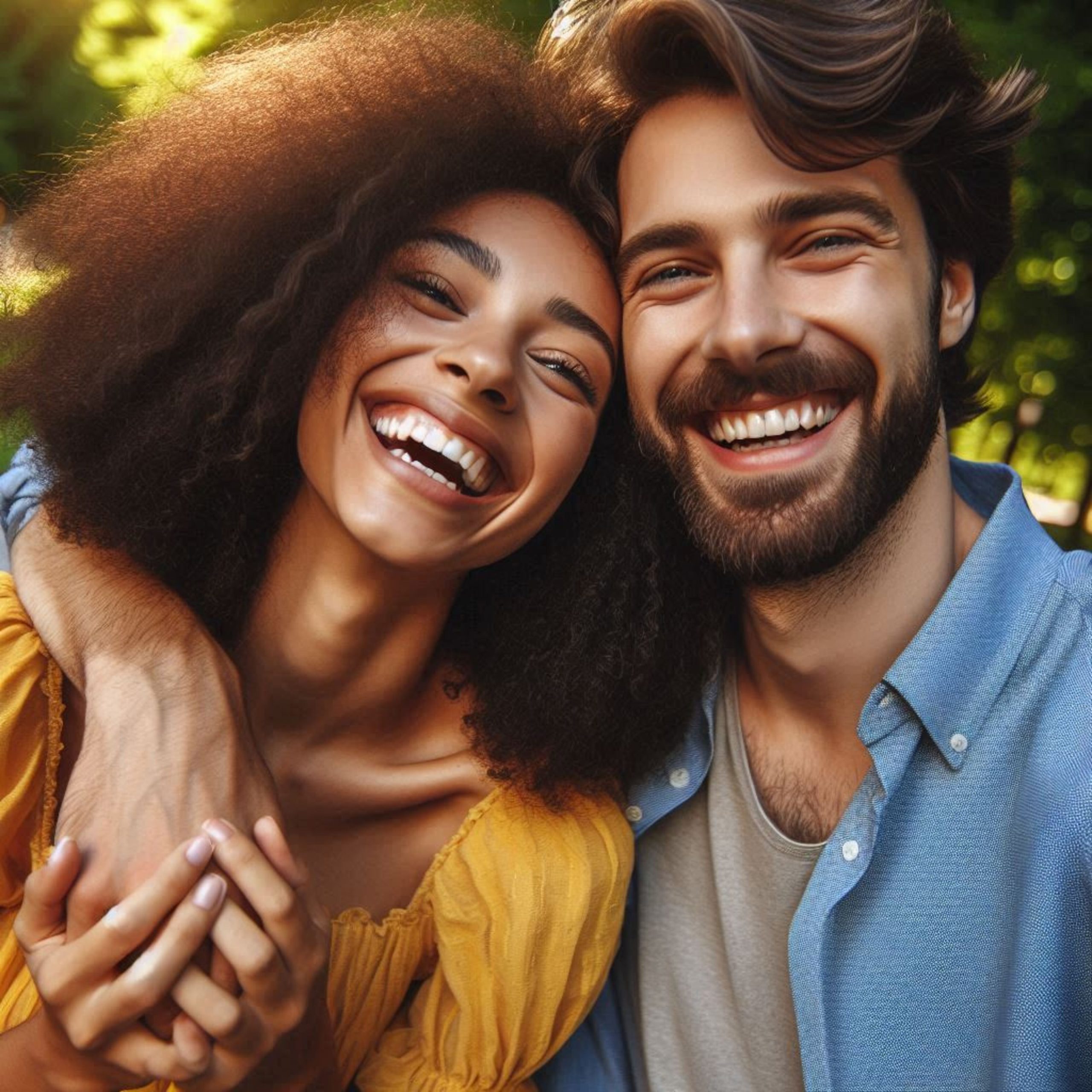  Happy couple embracing and smiling outdoors in Rynfield, illustrating the positive impact of couples counseling.