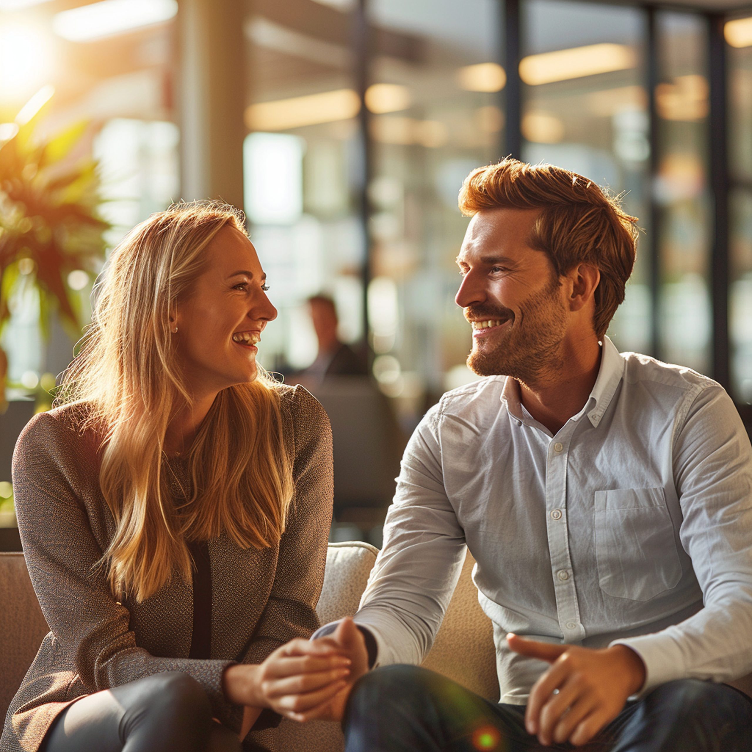 Smiling couple sitting close together in a counseling session in Benoni, representing the benefits of couples counseling.